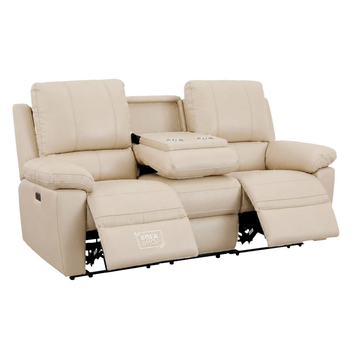 3 Seater Electric Recliner Sofa In Cream Real Leather | Power Recliner With Drop-Down Table & USB+C Charging | Comfortable & Family-Friendly Sofa | Trento | The Sofa Shop