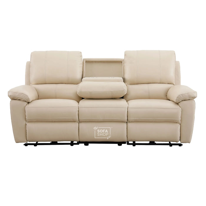3+1 Electric Recliner Sofa Set In Cream Real Leather | Recliner Sofa Suite With Power Recline + Drop-Down Table + Cup Holders + USB-C Charging | Trento | The Sofa Shop