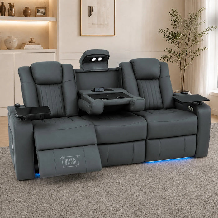 3 Seater Smart Tech Electric Recliner Cinema Sofa | Grey Real Leather | Capri