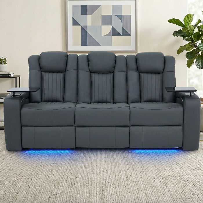 3 Seater Cinema Sofa in Grey Real Leather | Hi-Tech Cinema Sofa with Vibration Massage, Heated Lumbar, Bluetooth Speakers, Heating & Cooling Cupholders | Capri | The Sofa Shop