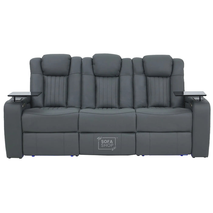 3 Seater Cinema Sofa in Grey Real Leather | Hi-Tech Cinema Sofa with Vibration Massage, Heated Lumbar, Bluetooth Speakers, Heating & Cooling Cupholders | Capri | The Sofa Shop