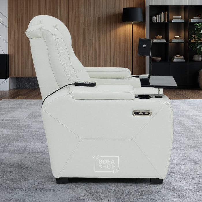1 Seater Real Leather Electric Recliner Cinema Chair in White | Massage & Heat, Tray Table, Power Grommet & Cooling Cup Holder | Napoli | The Sofa Shop