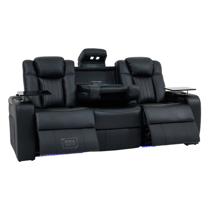 Real Leather 3+1 Electric Recliner Cinema Sofa Set In Black | Cinema Sofa Seats Package with Massage, Wireless Charging, Heating, USB Ports & Storage | Capri