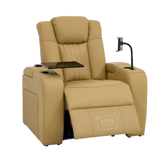 Real Leather Electric Recliner Cinema Chair in Tan | Hi-Tech Power Chair with USB Charging, Heating, Cup Holders, Storage, LED Lights & Massage | Capri | The Sofa Shop