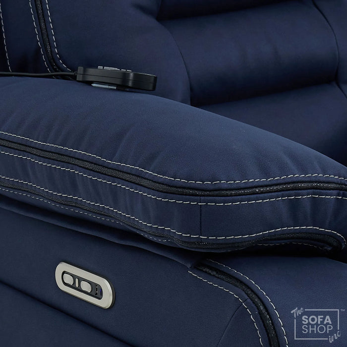2 Seater Blue Fabric Electric Recliner Cinema Sofa Console | Hi-Tech Sofa with 8-Point Massage, Heated Lumbar, Multi-Link Bluetooth, Cooling & Heating Cupholders | Tuscany | The Sofa Shop