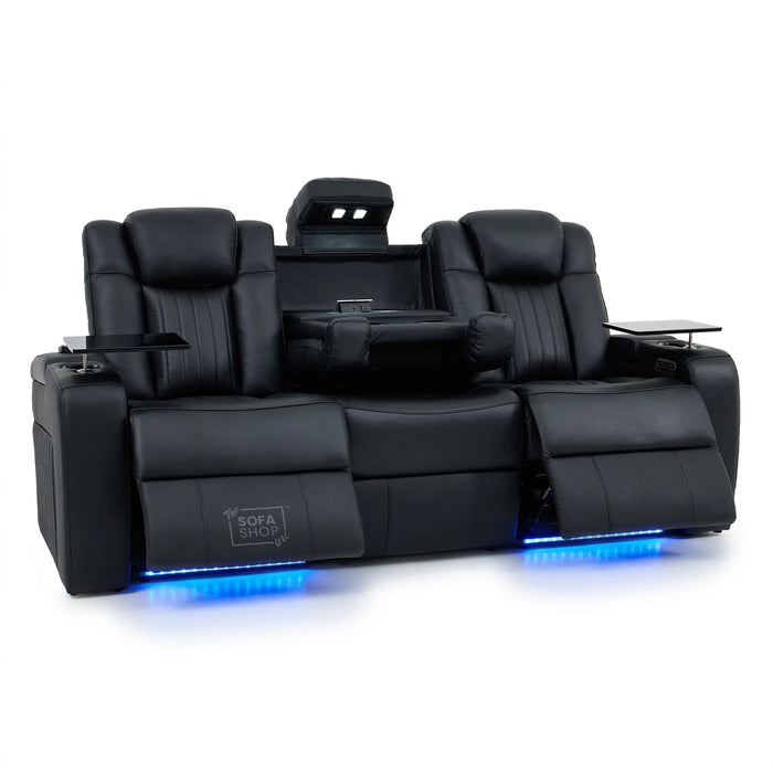 3+2 Modern Reclining Sofa Suite in Black Real Leather | Hi-Tech Sofa with Massage, Heated Lumbar, Wireless Charging, LED Lights & Removable Tables | Capri