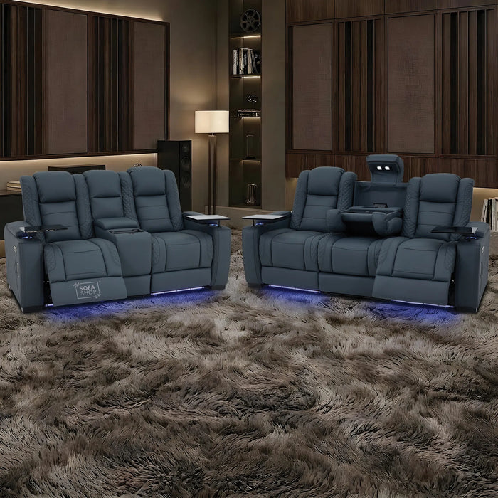 3+2 Seater Blue Real Leather Recliner Cinema Sofa | Hi-Tech Sofa Suite with Power Recline + Power Headrests + Wireless Charging + Bluetooth Speakers + Heat & Cool Cupholders | Napoli | The Sofa Shop