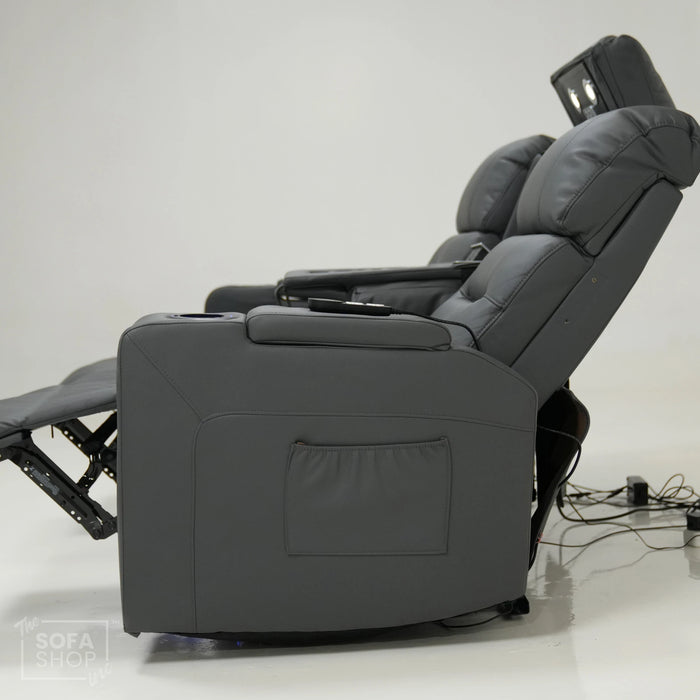 3 Seater Smart Grey Leather Sofa | High-Tech Recline Sofa With Drop-Down Table, USB Port, Vibration Massage | No Ears And Scuff On Corner | Siena | Second Hand Sofa SS02
