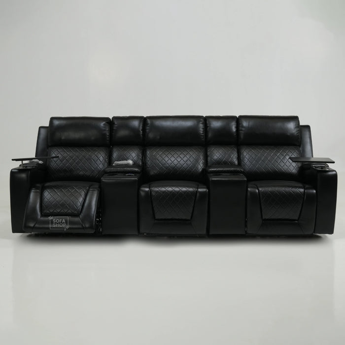 3 Seater Black Leather Smart Recliner With Massage & Tray Tables | Cupholder LED Not Working | Venice | Ex-Display