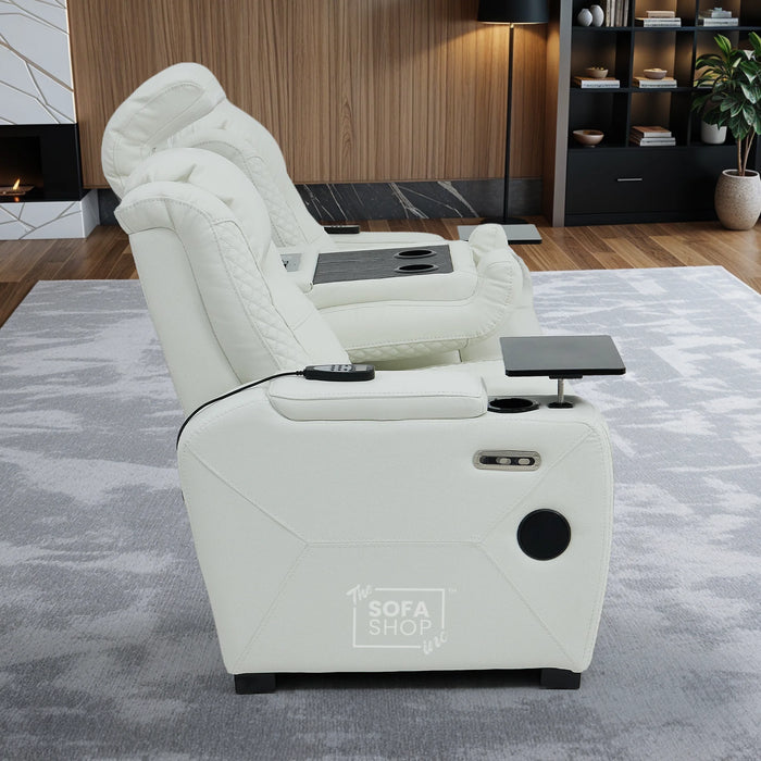 3 Seater Real Leather Electric Recliner Cinema Sofa in White | Massage, Heat, Bluetooth, Fold-Down Table & Cooling Cup Holders | Napoli | The Sofa Shop