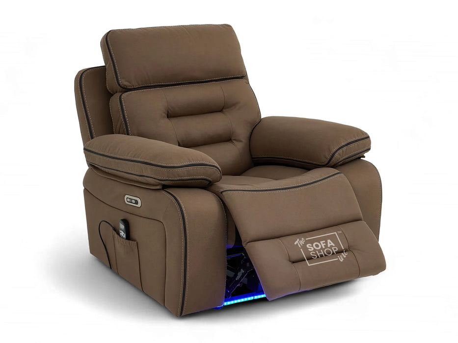 Electric Recliner Armchair | Brown Fabric Home Cinema Chair with Massage, Power Recline, LED Lights, USB Port & Adjustable Headrest | Tuscany | The Sofa Shop
