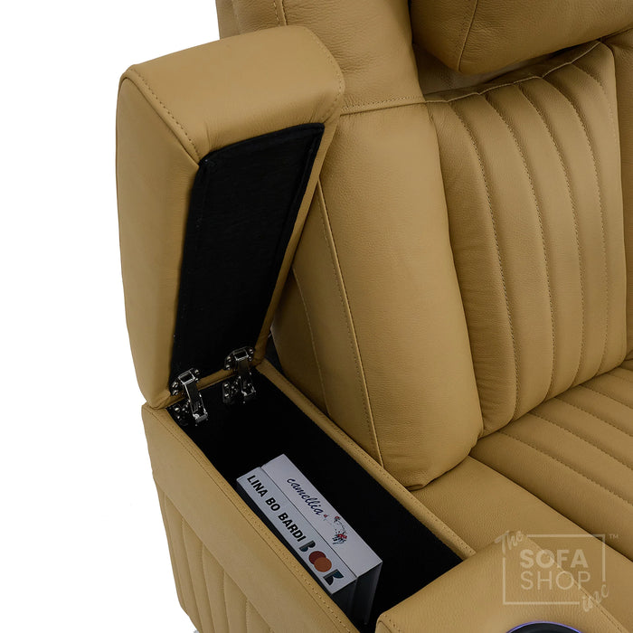 2 Seater Real Leather Electric Recliner Cinema Sofa in Tan | Recliner Settee With Massage, Power Headrests, Power Grommet & Tray Tables | Capri | The Sofa Shop
