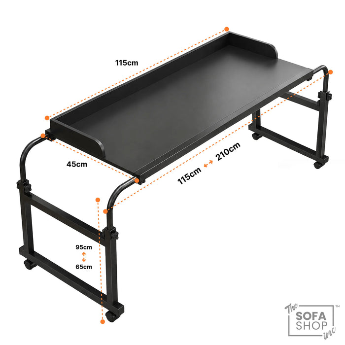 Houston Adjustable Over Bed Table on Wheels | Overbed Rolling Table with 115 x 45cm Top + Safety Ledge + Lockable Castors | Mobility Bed & Sofa Table | The Sofa Shop