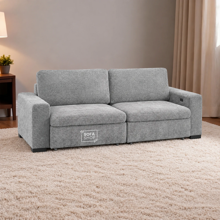 3 Seater Fabric Extendable Electric Sofa Bed | Power Sliding Couch With USB+C Charging | Grey Chenille Fabric | Home Theatre Seating & Comfort Headrests | Palma | The Sofa Shop