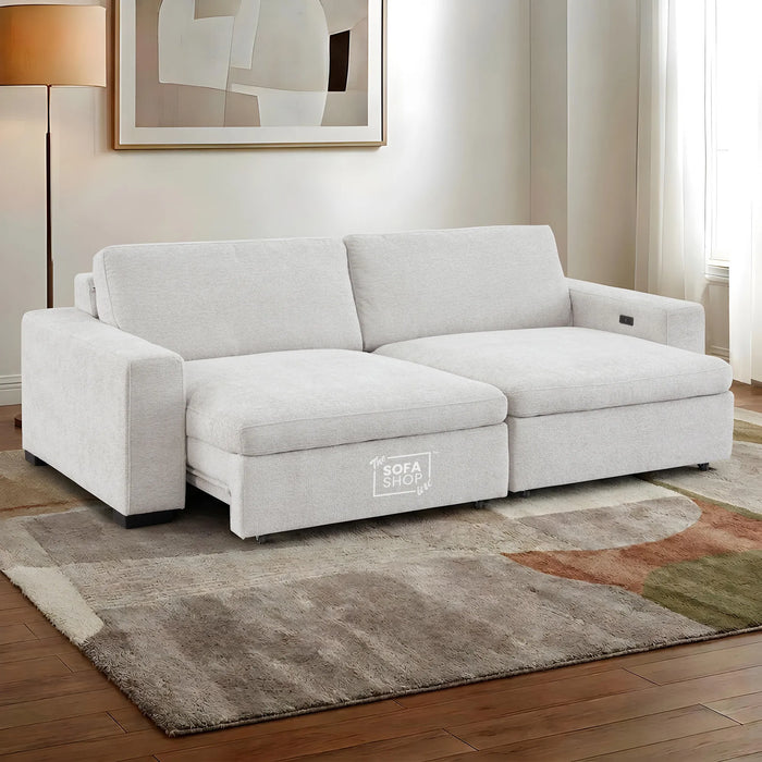 Palma 3 Seater Fabric Extendable Electric Sofa Bed | Power Sliding Couch with USB + USB-C Charging – Light Grey Chenille | Home Theatre Seating & Comfort Headrests | The Sofa Shop
