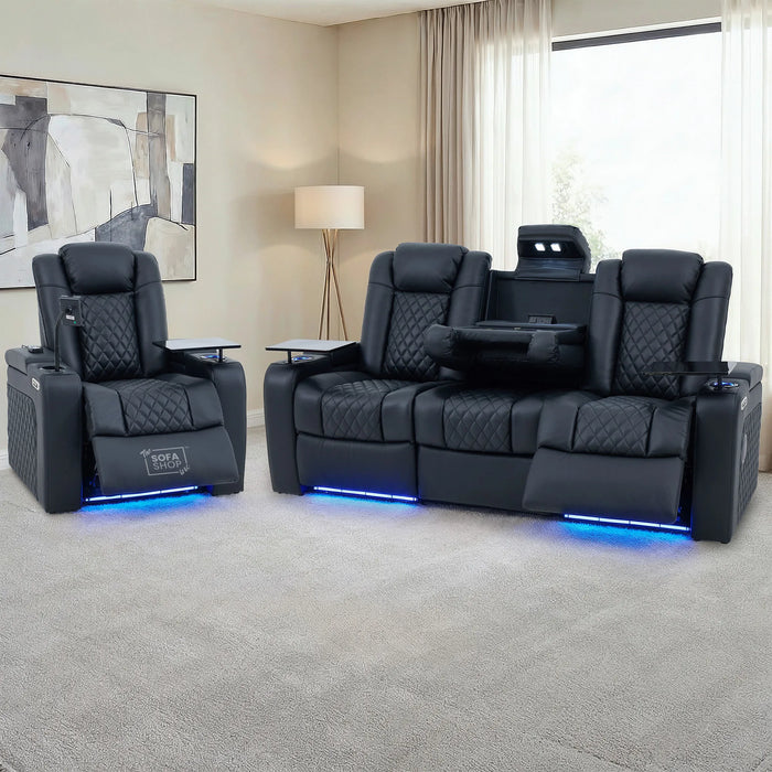 Real Leather 3+1 Sofa Set in Black | Hi-Tech 2-Piece Sofa  Suite with Power Recline + Power Headrests + Wireless Charging + Bluetooth Speakers + Heat & Cool Cupholders | Milano | The Sofa Shop