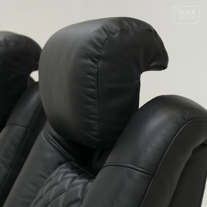 2 Seater Cinema Sofa in Black Real Leather | Hi-Tech Console Couch with Power Recline + Power Headrests + Console Storage + Cup Holders + LED Base Light | Sample |Milano | The Sofa Shop