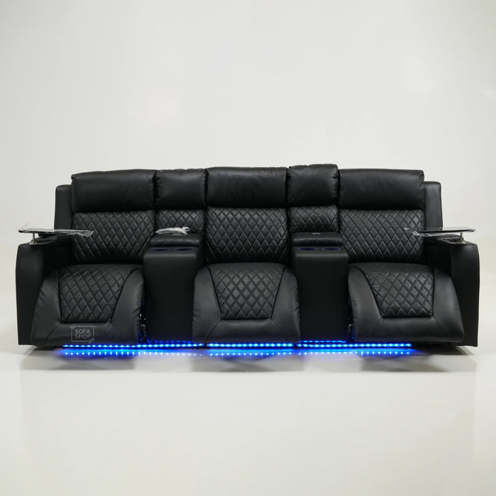 3 Seater Black Leather Electric Smart Recliner With Massage & Tray Tables | Venice | SS33