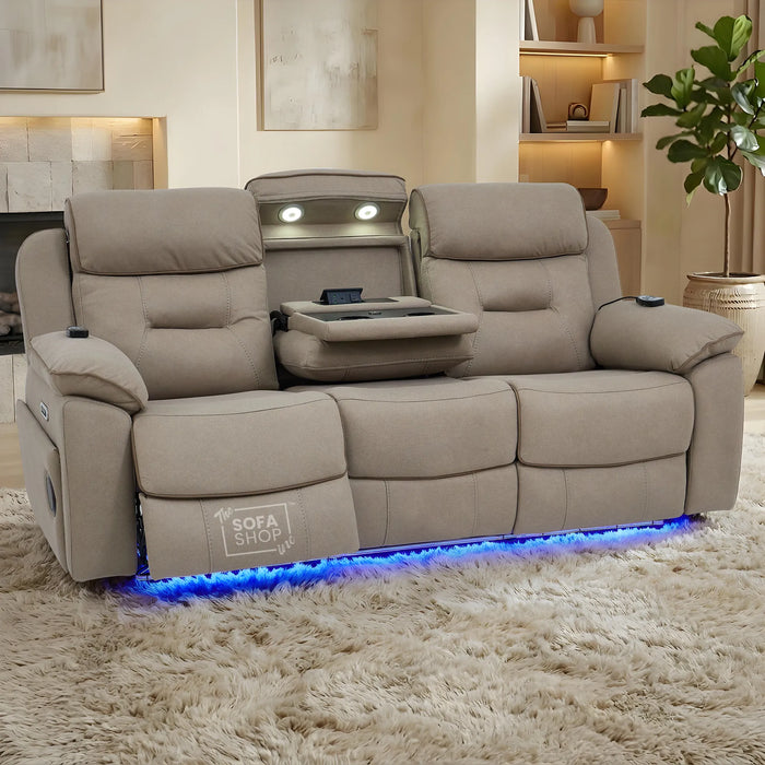 3 Seater Electric Recliner Couch in Beige Fabric | Hi-Tech Sofa with Vibration Massage + Heated Lumbar + Power Grommet + Multi-Link Bluetooth + Power Headrests | Florence | The Sofa Shop