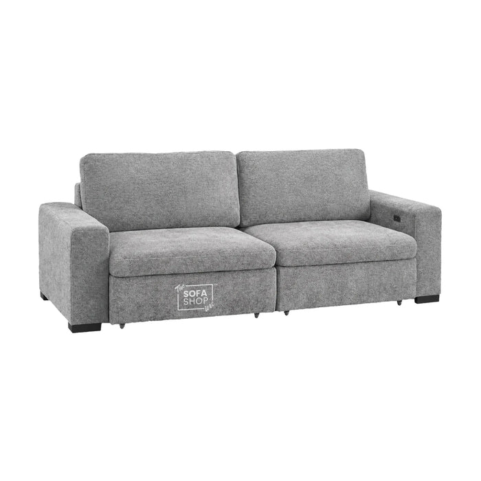 3 Seater Fabric Extendable Electric Sofa Bed | Power Sliding Couch With USB+C Charging | Grey Chenille Fabric | Home Theatre Seating & Comfort Headrests | Palma | The Sofa Shop