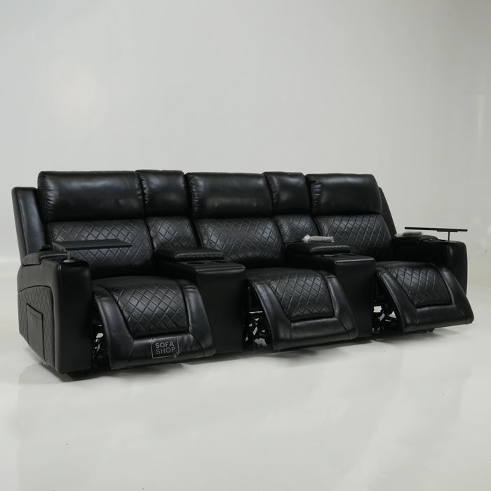 3 Seater Black Leather Smart Recliner With Massage & Tray Tables | Cupholder LED Not Working | Venice | Ex-Display