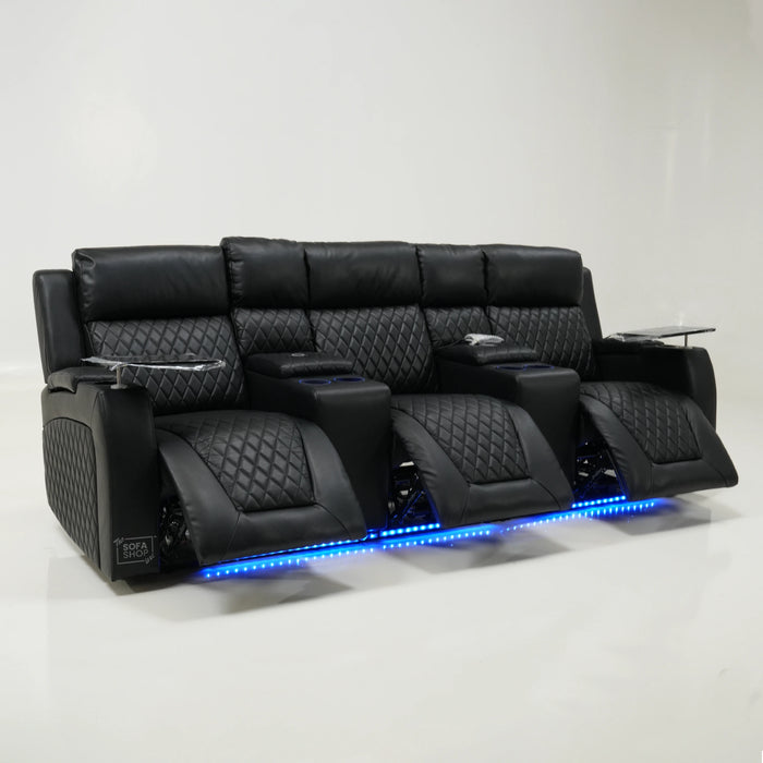 3 Seater Black Leather Electric Smart Recliner With Massage & Tray Tables | Venice | SS33