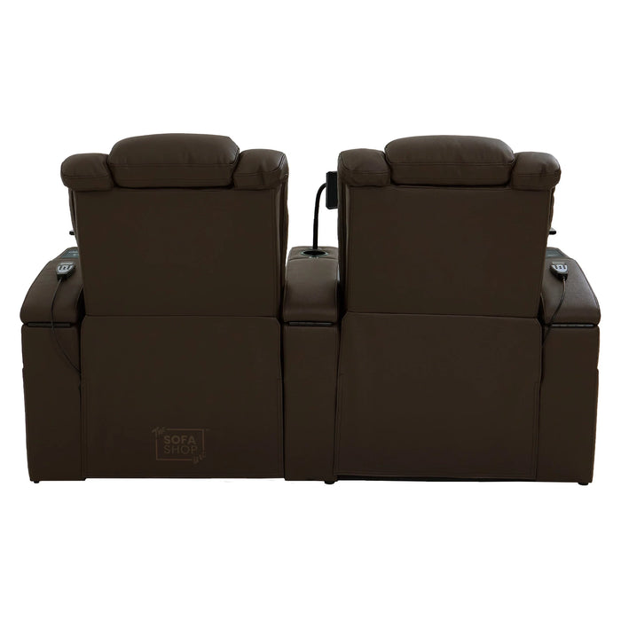 2 Seater Cinema Sofa in Brown Real Leather | Hi-Tech Console Couch with Massage & Heated Lumbar, Wireless Charging, Heat & Cool Cupholders, Bluetooth Speakers & Multi-Link | Capri | The Sofa Shop
