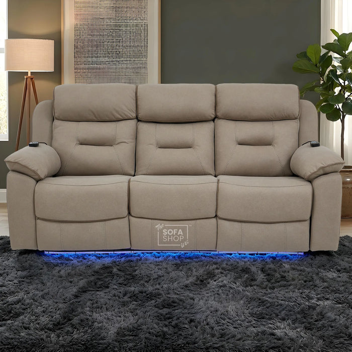 3 Seater Electric Recliner Couch in Beige Fabric | Hi-Tech Sofa with Vibration Massage + Heated Lumbar + Power Grommet + Multi-Link Bluetooth + Power Headrests | Florence | The Sofa Shop