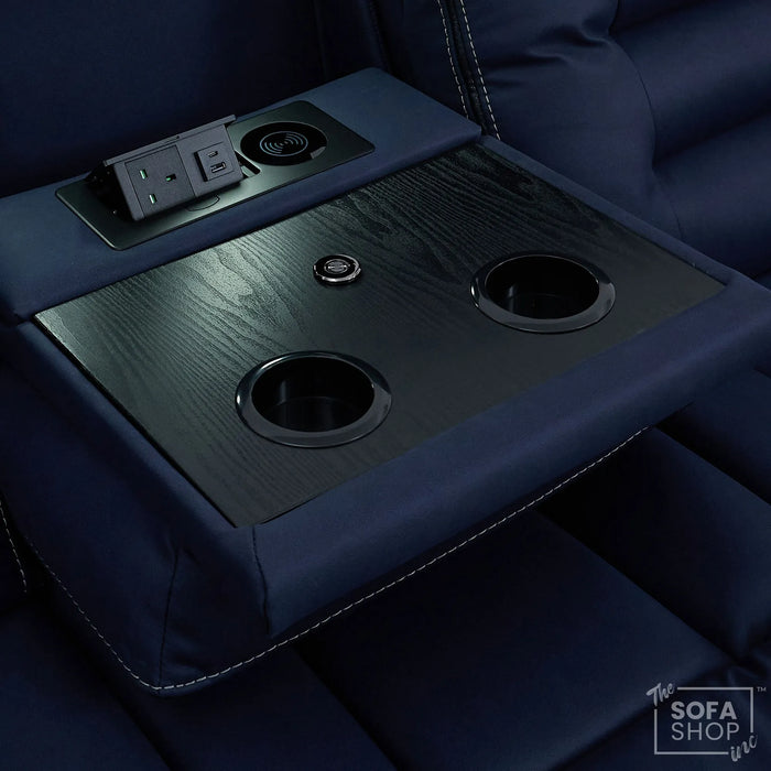 3 Seater Blue Fabric Electric Recliner Cinema Sofa | Hi-Tech Sofa With Massage, Heat, Multi-Link Bluetooth, Fold-Down Table & Wireless Charger, Power Headrest | Tuscany | The Sofa Shop