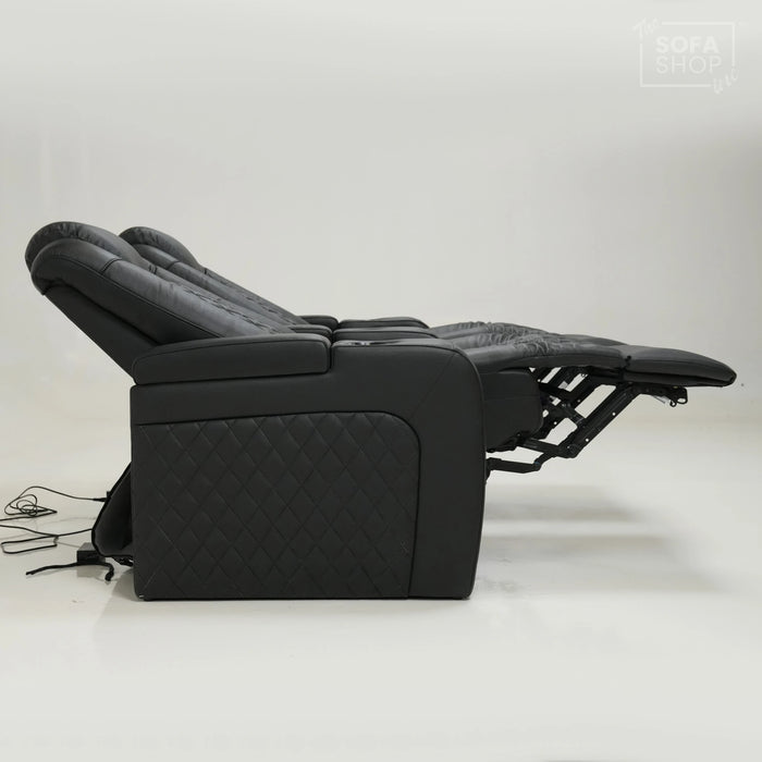 2 Seater Cinema Sofa in Black Real Leather | Hi-Tech Console Couch with Power Recline + Power Headrests + Console Storage + Cup Holders + LED Base Light | Sample |Milano | The Sofa Shop
