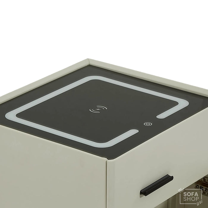 California Smart Bedside Table – Off-White 2-Drawer Nightstand with Hidden Safe, LED Lights & Wireless Charger | The Sofa Shop