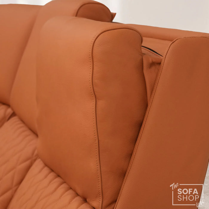 Assisi Corner Cinema Sofa in Orange Real Leather | Hi-Tech Couch with Power Recline + Power Headrests + Wireless Charging + Massage + Heating & Cooling Cupholders | Assisi | The Sofa Shop