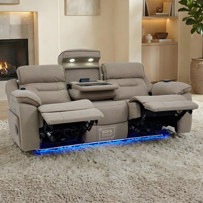 3+2 Piece Electric Home Cinema Sofa Set | Fabric Couch Suite In Beige | Hi-Tech Sofa Set With Massage + Heating + Console + Power Grommet + Table + Reading Lamps | Florence | The Sofa Shop