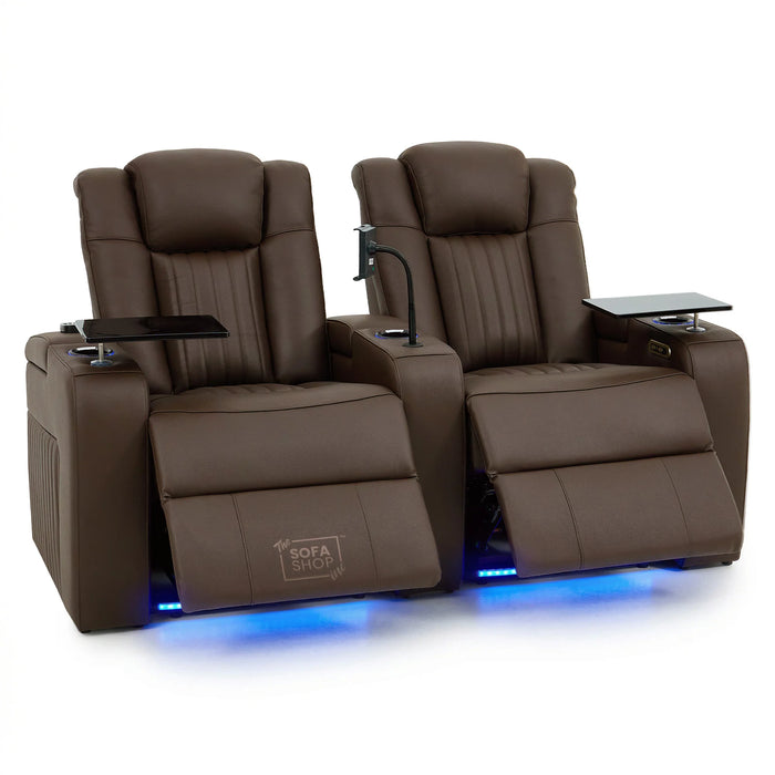 2 Seater Real Leather Electric Recliner Cinema Sofa in Dark Brown | Massage, Heated Lumbar, Power Headrests, Food Trays & Power Grommet | Capri | The Sofa Shop