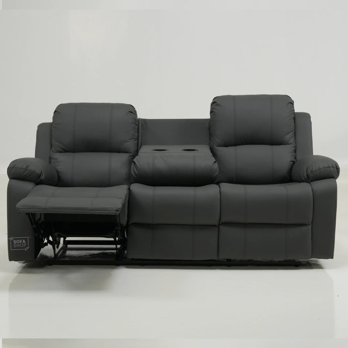 3 Seater Manual Recliner Sofa in Grey Leather | Manual Recliner Sofa with Drop-Down Table + Cup Holders + Padded Armrests + Smooth Recline | Trento Second Hand 27 | The Sofa Shop