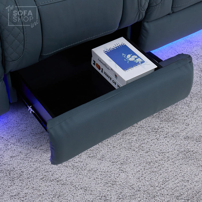 3+1 Seater Genuine Leather Recliner Cinema Sofa Set with Massage, Drop-Down Table, Cup Holders, LED Reading Light, Power Recliner, USB Ports, Socket Set & Storage | Blue Leather | Napoli