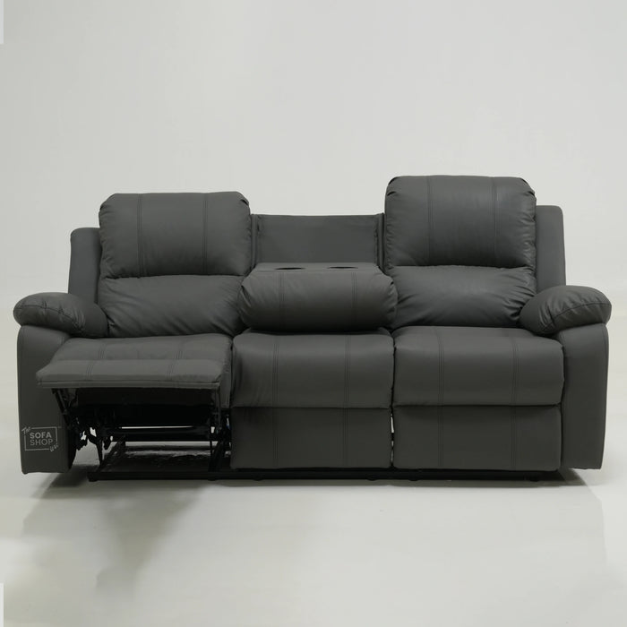3 Seater Manual Recliner Sofa in Grey Leather | Drop-Down Table & Cup Holders | Trento | Second Hand 28 | The Sofa Shop