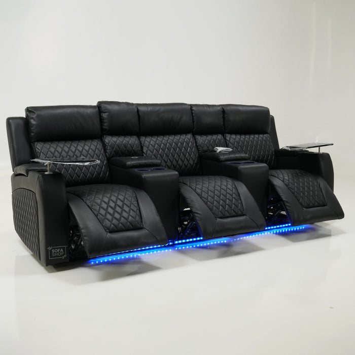 3 Seater Black Leather Electric Smart Recliner With Massage & Tray Tables | Venice | SS33