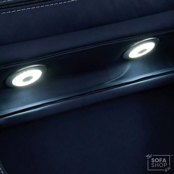 3+1 Electric Recliner Cinema Sofa Set in Blue Fabric | Hi-Tech Sofa Suite with Massage, Heat, Bluetooth Speakers, Fold-Down Table & Wireless Charging | Tuscany | The Sofa Shop