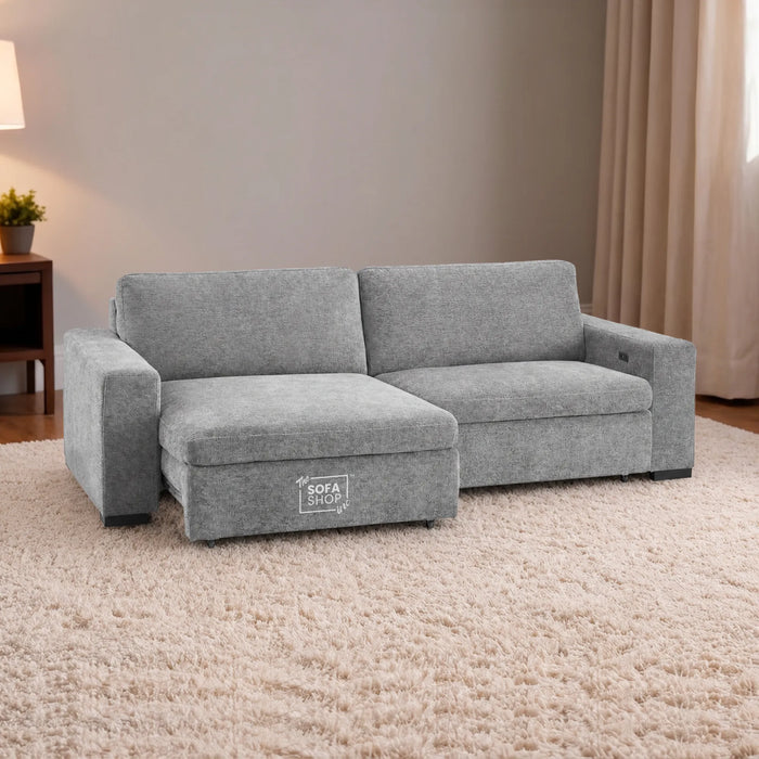 3 Seater Fabric Extendable Electric Sofa Bed | Power Sliding Couch With USB+C Charging | Grey Chenille Fabric | Home Theatre Seating & Comfort Headrests | Palma | The Sofa Shop