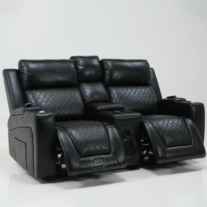 2 Seater Black Leather Smart Recliner With Massage & Speakers | Different Cupholders | Venice | Ex Display