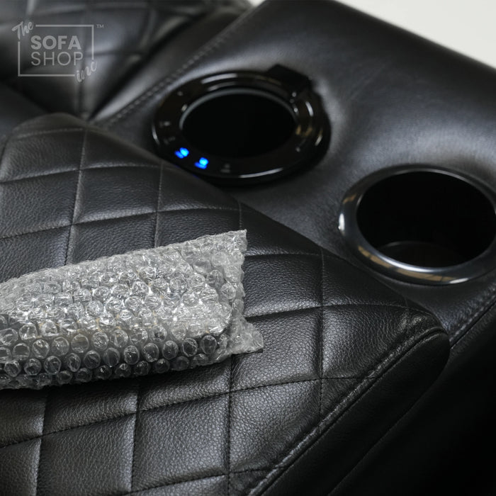 3 Seater Black Leather Smart Recliner With Massage & Tray Tables | Cupholder LED Not Working | Venice | Ex-Display