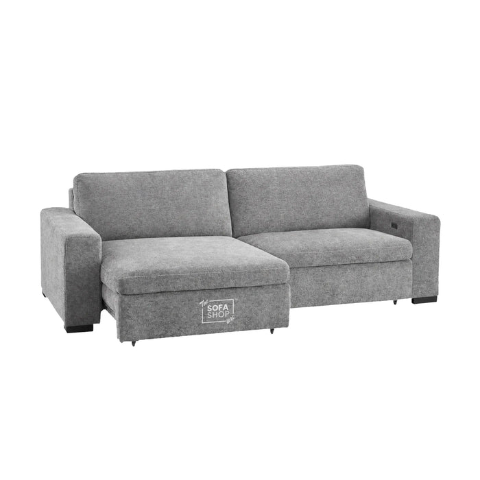3 Seater Fabric Extendable Electric Sofa Bed | Power Sliding Couch With USB+C Charging | Grey Chenille Fabric | Home Theatre Seating & Comfort Headrests | Palma | The Sofa Shop