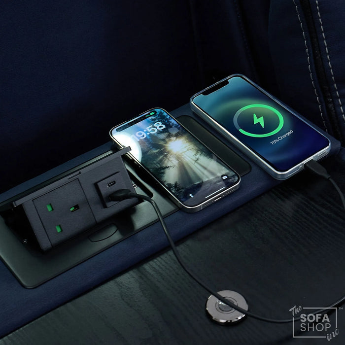 3+1 Electric Recliner Cinema Sofa Set in Blue Fabric | Hi-Tech Sofa Suite with Massage, Heat, Bluetooth Speakers, Fold-Down Table & Wireless Charging | Tuscany | The Sofa Shop