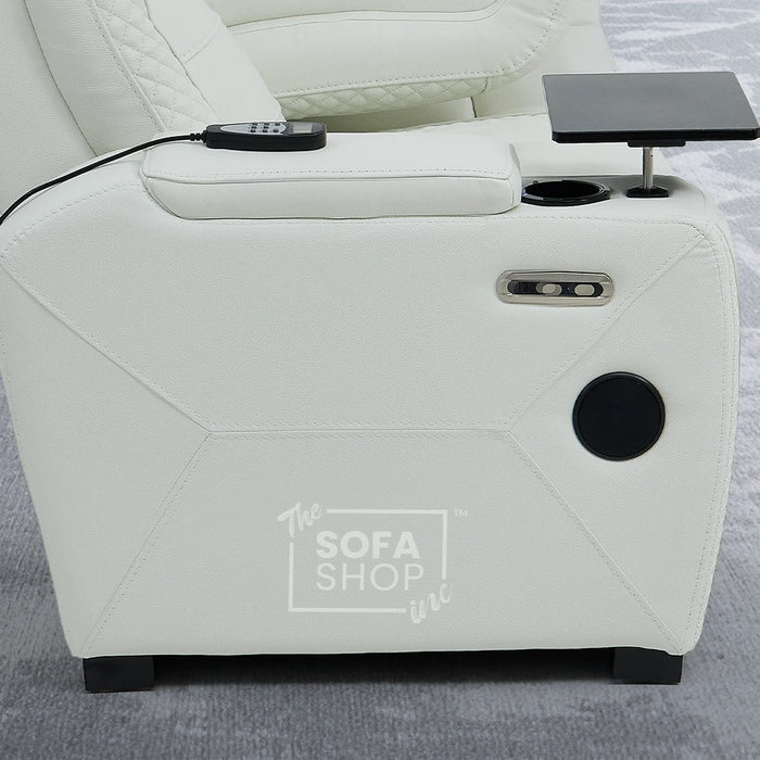 3 Seater Real Leather Electric Recliner Cinema Sofa in White | Massage, Heat, Bluetooth, Fold-Down Table & Cooling Cup Holders | Napoli | The Sofa Shop