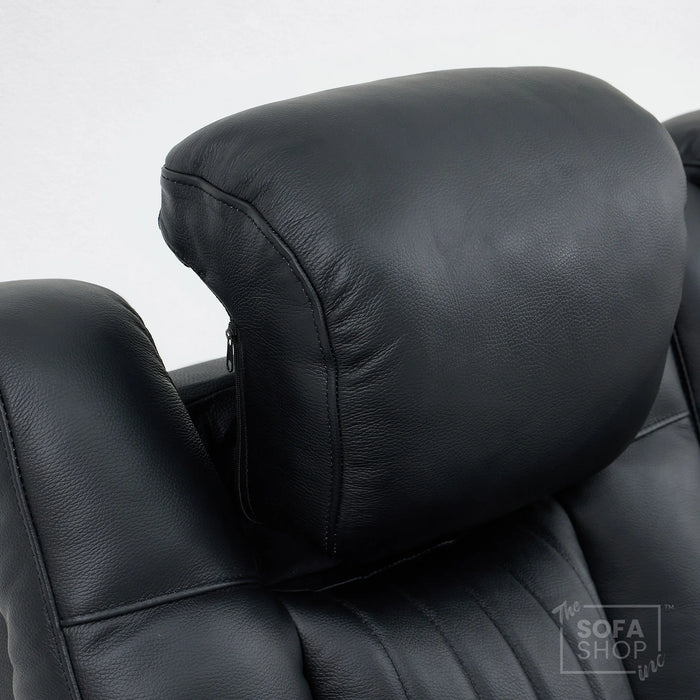 3+2 Modern Reclining Sofa Suite in Black Real Leather | Hi-Tech Sofa with Massage, Heated Lumbar, Wireless Charging, LED Lights & Removable Tables | Capri