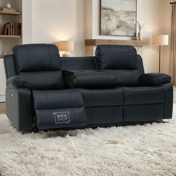 Trento 3 Seater Black Real Leather Electric Recliner Sofa | Power Recline, Drop-Down Table & USB-C Charging | The Sofa Shop