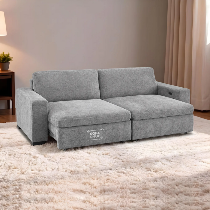 3 Seater Fabric Extendable Electric Sofa Bed | Power Sliding Couch With USB+C Charging | Grey Chenille Fabric | Home Theatre Seating & Comfort Headrests | Palma | The Sofa Shop