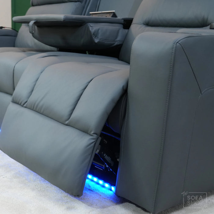 3 Seater Electric Recliner Cinema Sofa In Grey Leather | Table Stuck, Left Side Scuffed, No Ears | Siena | Second Hand Sofa 120