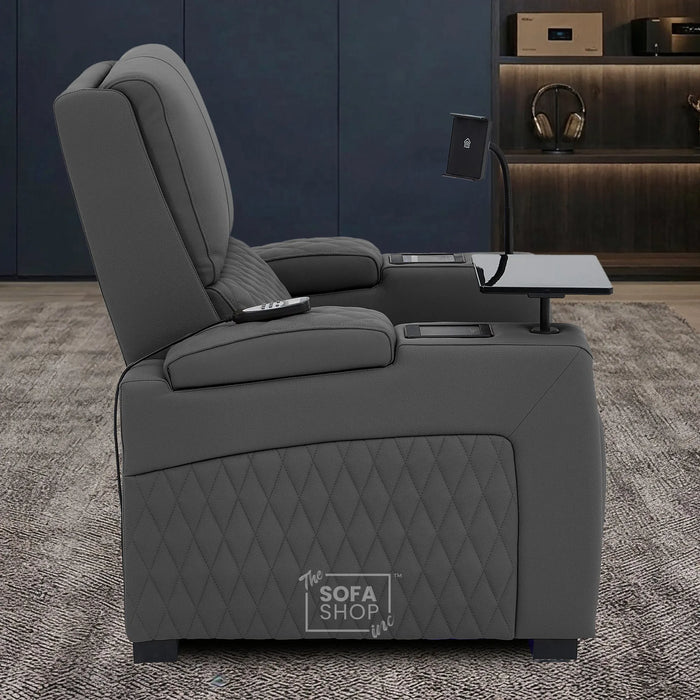 1 Seater Grey Real Leather Electric Recliner Cinema Chair | Recliner Armchair With Vibration Massage, Heated Lumbar And Cooling Cup Holder & Wireless Charging | Assisi | The Sofa Shop
